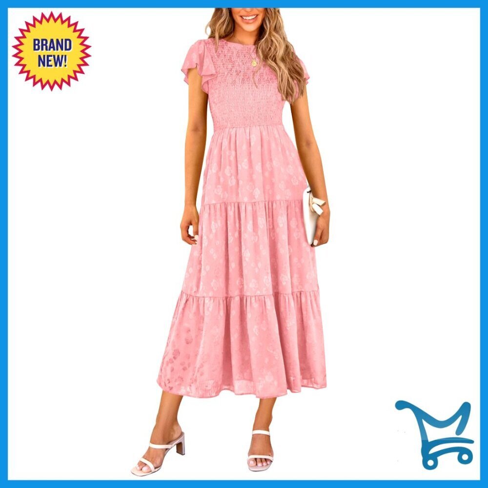 Floral Smocked Midi Dress Elegant Boho Wedding Guest Long Flowy Summer
